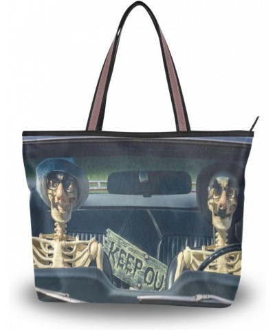 Womens Tote Bag, Skeleton Skull Driving Car Ladies Zip Shoulder Handbags $11.04 Shoulder Bags