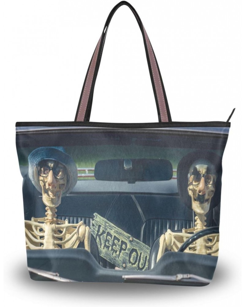 Womens Tote Bag, Skeleton Skull Driving Car Ladies Zip Shoulder Handbags $11.04 Shoulder Bags