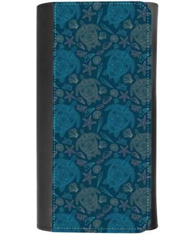 (Various shell, algae, starfish, tortoise, coral, on dark blue background) women's Patterned Leather Buckle Trifold Wallet Ba...