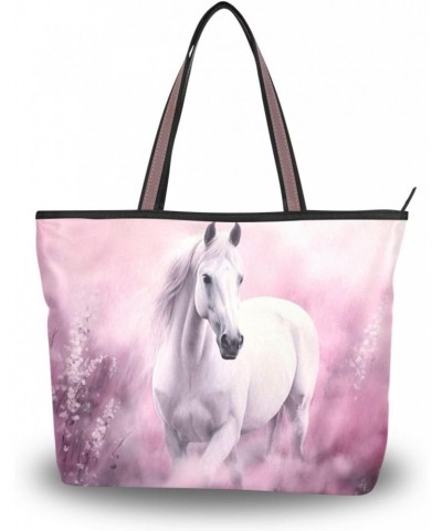 White Horse on Flower Tote Bag for Women Casual Shoulder Bag Women Hobo Bag Top Handle Handbag for Shopping Travel Work $10.0...