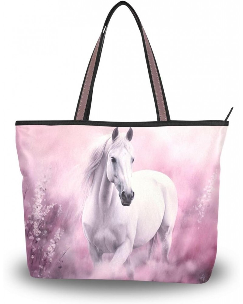 White Horse on Flower Tote Bag for Women Casual Shoulder Bag Women Hobo Bag Top Handle Handbag for Shopping Travel Work $10.0...