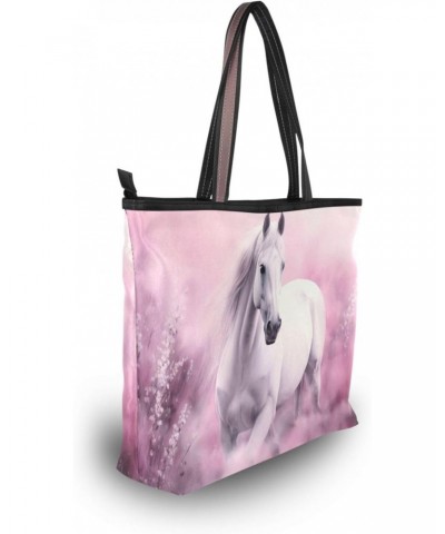 White Horse on Flower Tote Bag for Women Casual Shoulder Bag Women Hobo Bag Top Handle Handbag for Shopping Travel Work $10.0...