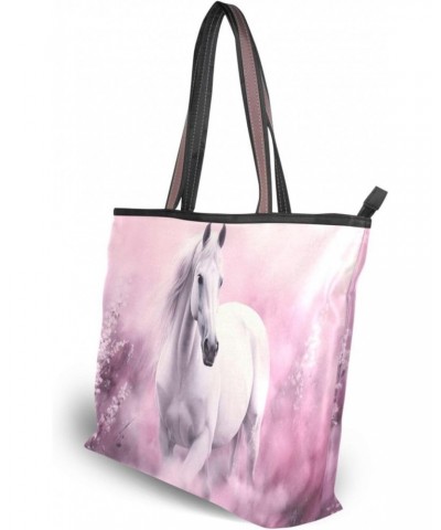 White Horse on Flower Tote Bag for Women Casual Shoulder Bag Women Hobo Bag Top Handle Handbag for Shopping Travel Work $10.0...