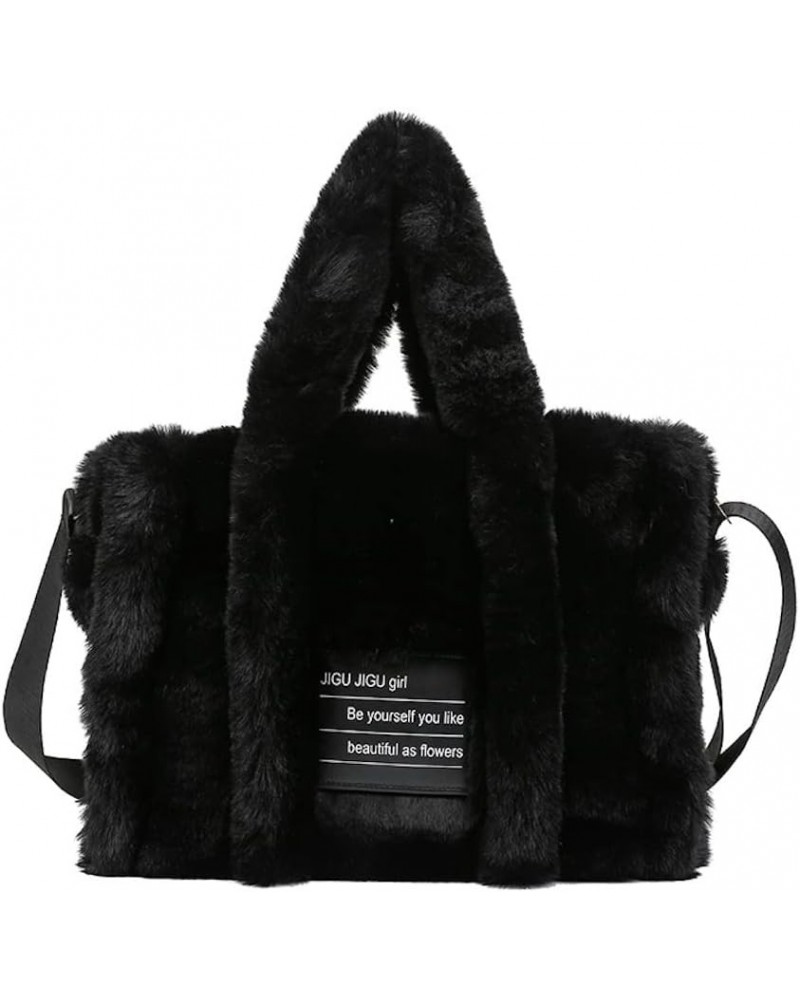 Light Academia Aesthetic Fuzzy Tote Bag for Women Teen Girls Preppy Fuzzy Tote Bag for School Plush Crossbody Bag Black $15.6...