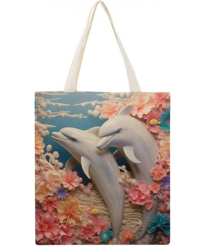 Canvas Tote Bag Two Dolphins With Plants Under An Ocean Shopping Tote Bag Deep Sea Dolphin Reusable Shopping Bag Totebag-1 $9...