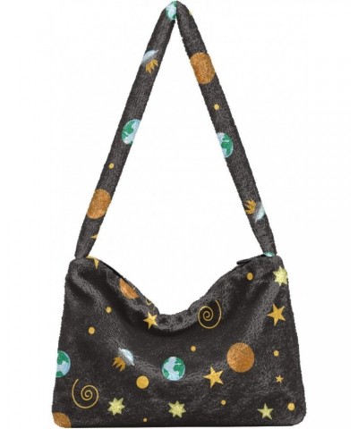 Space Universe Pattern Plush Underarm Bag Women's Tote Handbags Fluffy Shoulder Bag for Autumn and Winter $14.39 Totes