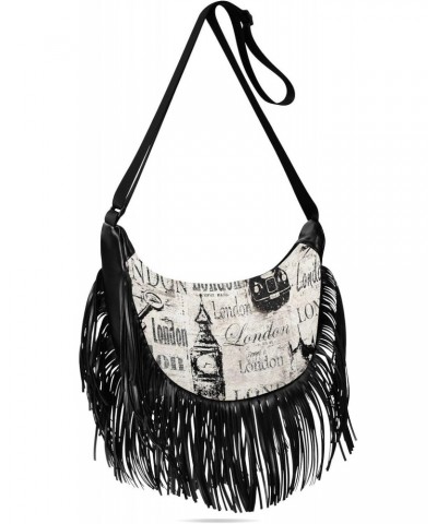 Vintage Newspaper Grunge London Fringe Bag for Women Cross Body Bag Tassel Shoulder Bag Satchel $13.76 Crossbody Bags