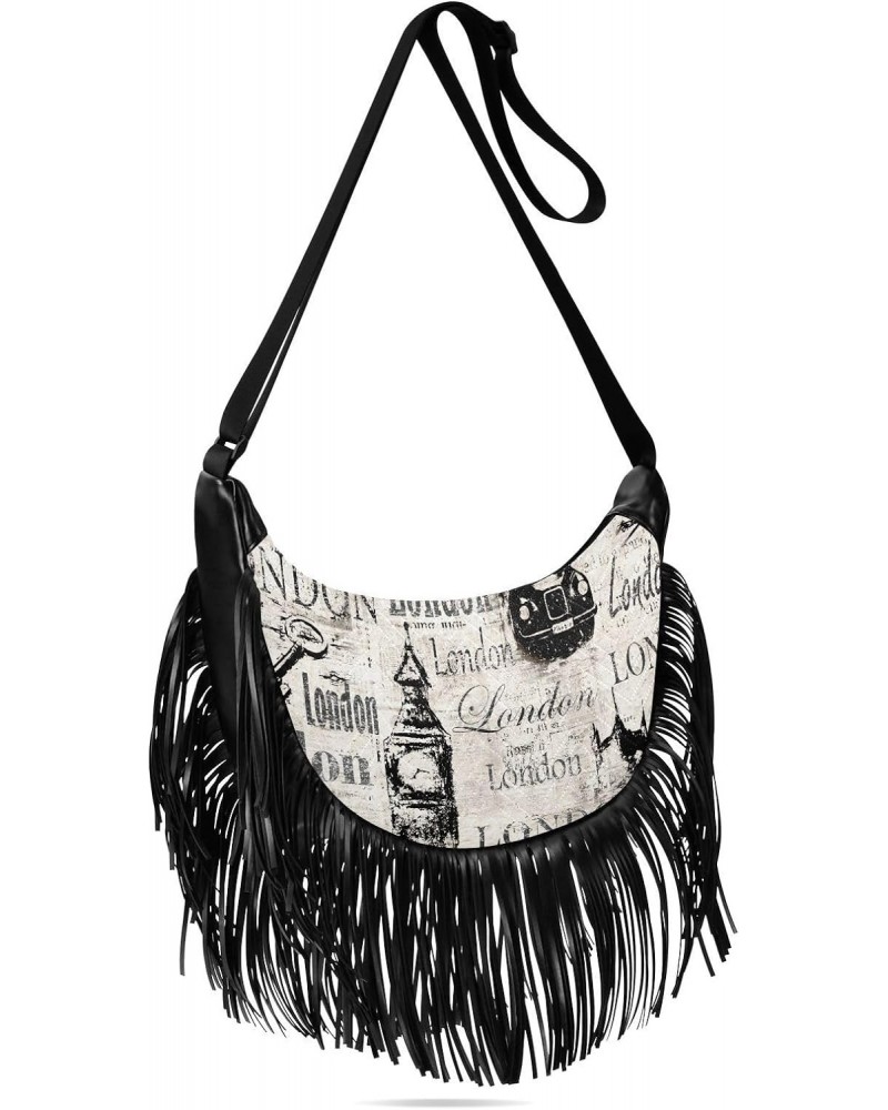 Vintage Newspaper Grunge London Fringe Bag for Women Cross Body Bag Tassel Shoulder Bag Satchel $13.76 Crossbody Bags