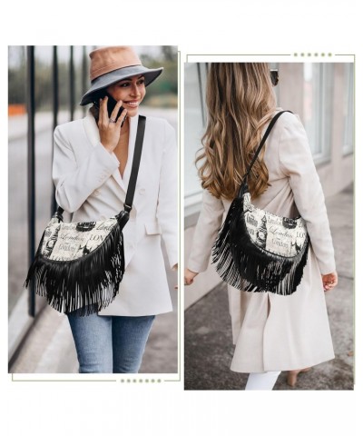 Vintage Newspaper Grunge London Fringe Bag for Women Cross Body Bag Tassel Shoulder Bag Satchel $13.76 Crossbody Bags