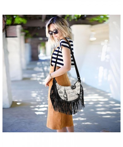 Vintage Newspaper Grunge London Fringe Bag for Women Cross Body Bag Tassel Shoulder Bag Satchel $13.76 Crossbody Bags