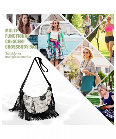 Vintage Newspaper Grunge London Fringe Bag for Women Cross Body Bag Tassel Shoulder Bag Satchel $13.76 Crossbody Bags