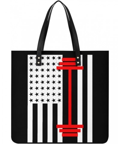 Weight Lifting American Flag Tote Bags PU Leather Shoulder Bag Purses Work Tote Handbags for Women Men $15.68 Totes