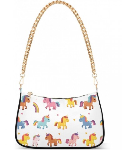 Cartoon Unicorn Clutch Shoulder Bag for Women, Hobo Tote Handbag with Gold Chain, Crossbody Bag with Zipper Closure $12.90 Totes