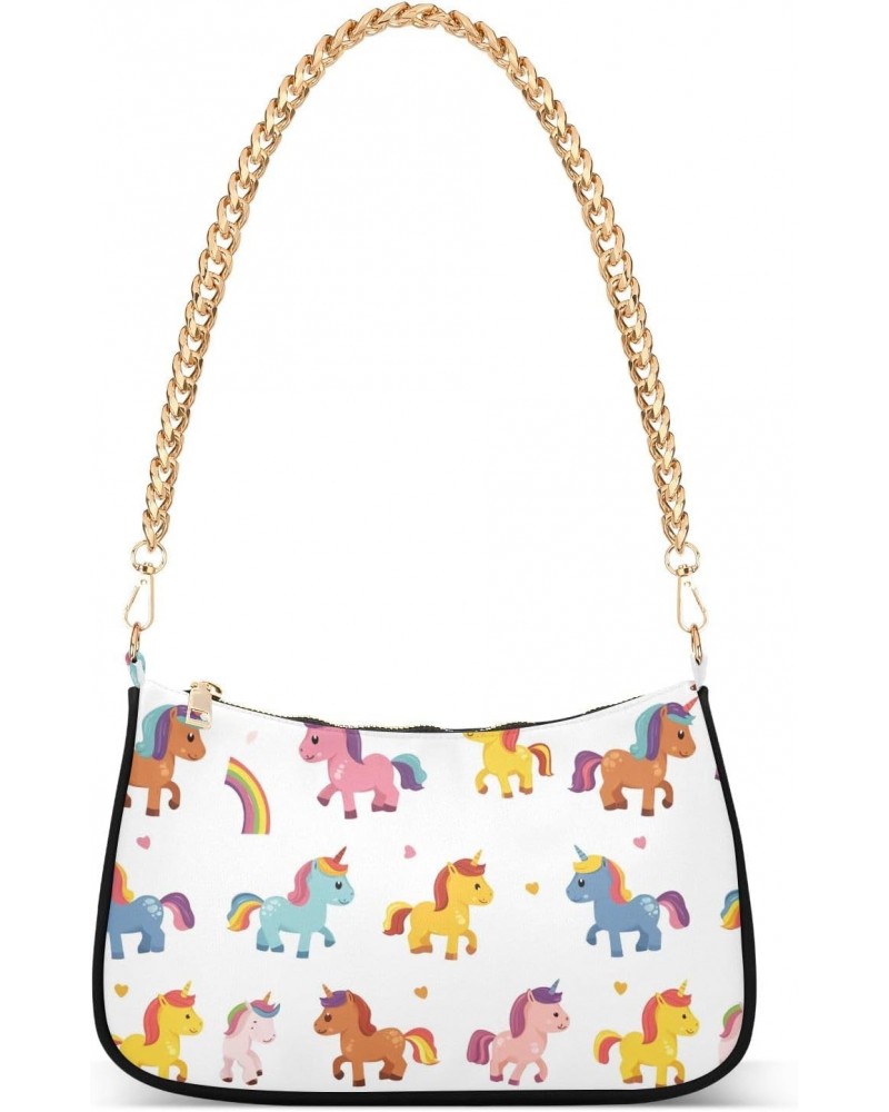 Cartoon Unicorn Clutch Shoulder Bag for Women, Hobo Tote Handbag with Gold Chain, Crossbody Bag with Zipper Closure $12.90 Totes