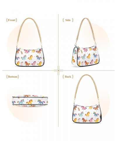 Cartoon Unicorn Clutch Shoulder Bag for Women, Hobo Tote Handbag with Gold Chain, Crossbody Bag with Zipper Closure $12.90 Totes