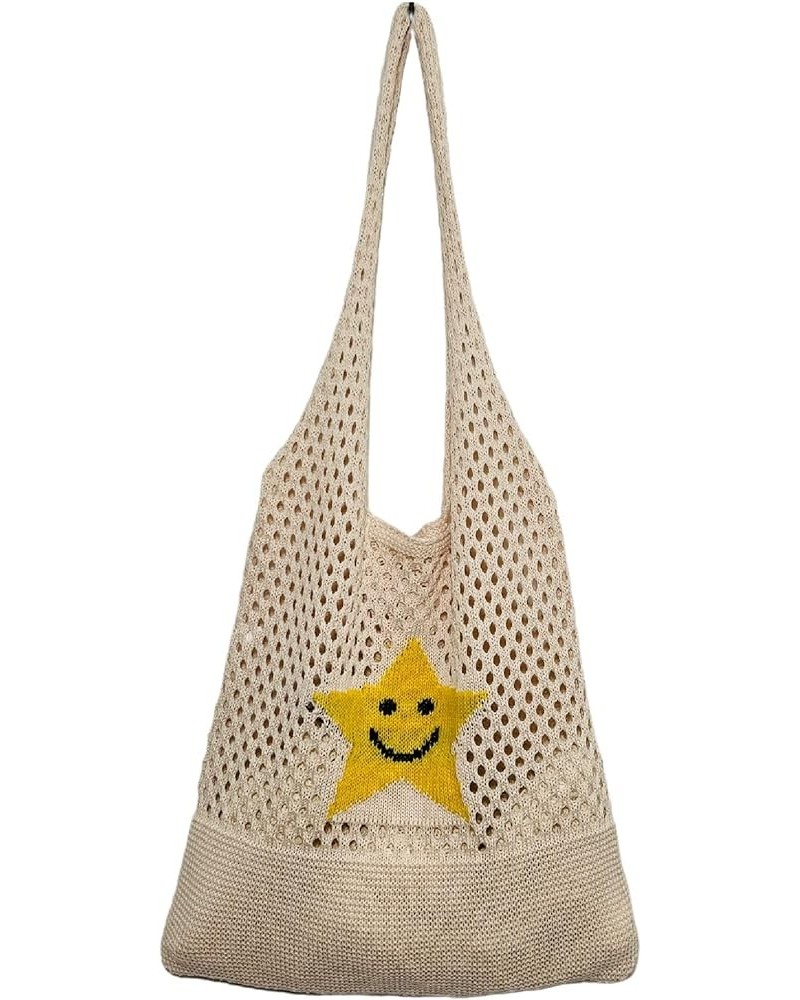 Fairycore Crochet Tote Bag Y2K Grunge Knitted Shoulder Bag Aesthetic Star Hollow Out Purse Cottagecore Accessories Beige $10....