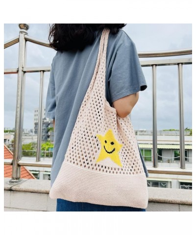 Fairycore Crochet Tote Bag Y2K Grunge Knitted Shoulder Bag Aesthetic Star Hollow Out Purse Cottagecore Accessories Beige $10....