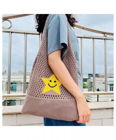 Fairycore Crochet Tote Bag Y2K Grunge Knitted Shoulder Bag Aesthetic Star Hollow Out Purse Cottagecore Accessories Beige $10....