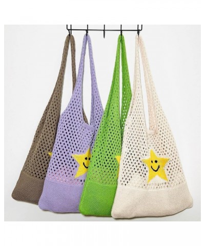 Fairycore Crochet Tote Bag Y2K Grunge Knitted Shoulder Bag Aesthetic Star Hollow Out Purse Cottagecore Accessories Beige $10....