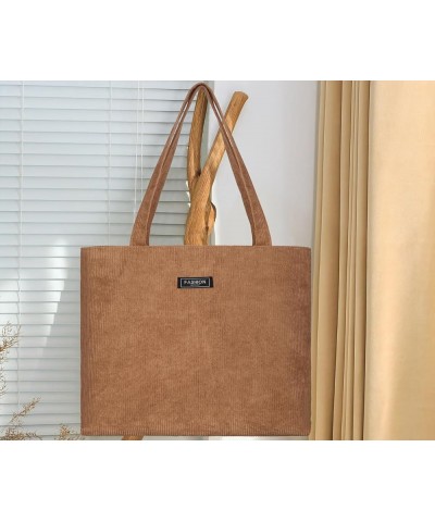 Corduroy Shoulder Bag for Women Large Capacity Tote Handbag Casual Zipper Tote Bag with Pockets Light Brown $9.50 Shoulder Bags