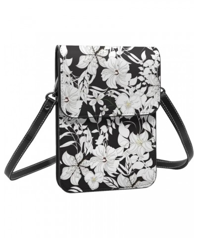 Elegant Flowers Floral Black White Vintage Crossbody Cell Phone Purse for Womens Lightweight Small Soft Leather Fashion Trave...