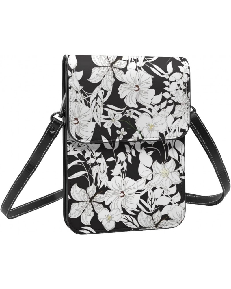 Elegant Flowers Floral Black White Vintage Crossbody Cell Phone Purse for Womens Lightweight Small Soft Leather Fashion Trave...