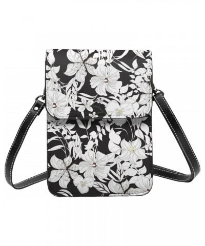 Elegant Flowers Floral Black White Vintage Crossbody Cell Phone Purse for Womens Lightweight Small Soft Leather Fashion Trave...