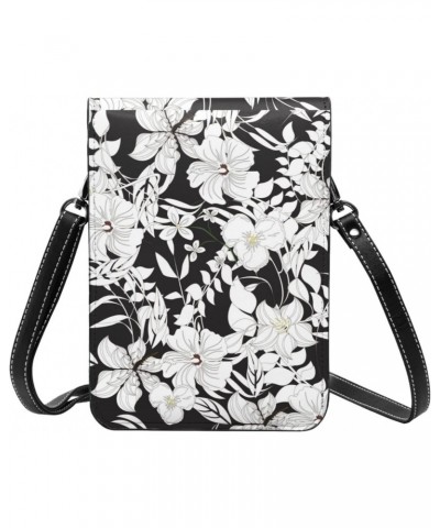 Elegant Flowers Floral Black White Vintage Crossbody Cell Phone Purse for Womens Lightweight Small Soft Leather Fashion Trave...