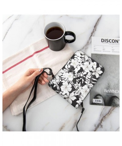 Elegant Flowers Floral Black White Vintage Crossbody Cell Phone Purse for Womens Lightweight Small Soft Leather Fashion Trave...