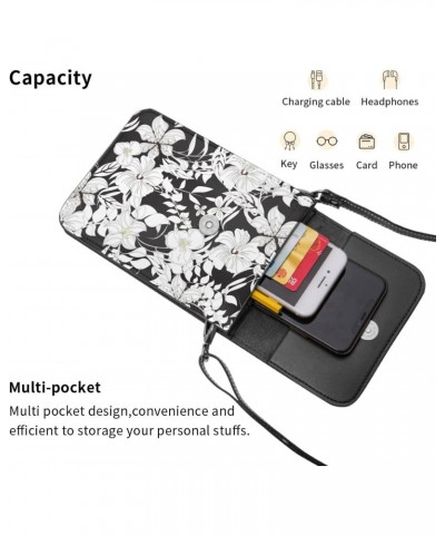 Elegant Flowers Floral Black White Vintage Crossbody Cell Phone Purse for Womens Lightweight Small Soft Leather Fashion Trave...