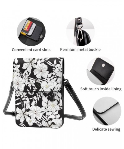 Elegant Flowers Floral Black White Vintage Crossbody Cell Phone Purse for Womens Lightweight Small Soft Leather Fashion Trave...