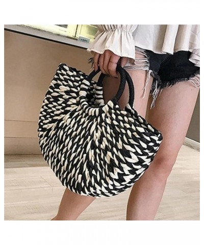 Women Handbag Rattan Wicker Straw Woven Half-round Bag Large Capacity Female Casual Travel Tote (Black white) Black White $29...