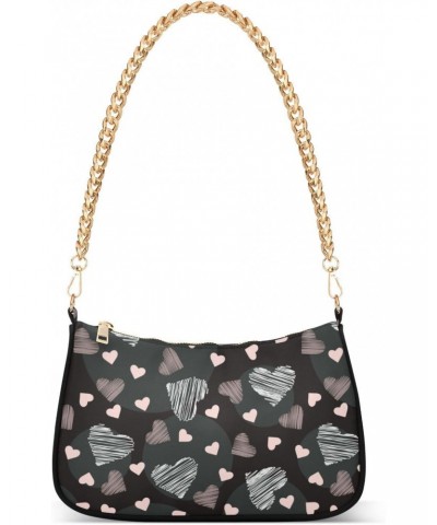 Women Chain Shoulder Purse Bag With Zipper Valentine's Day Heart Love Print, Black Personality Hobo Tote Clutch Handbags with...