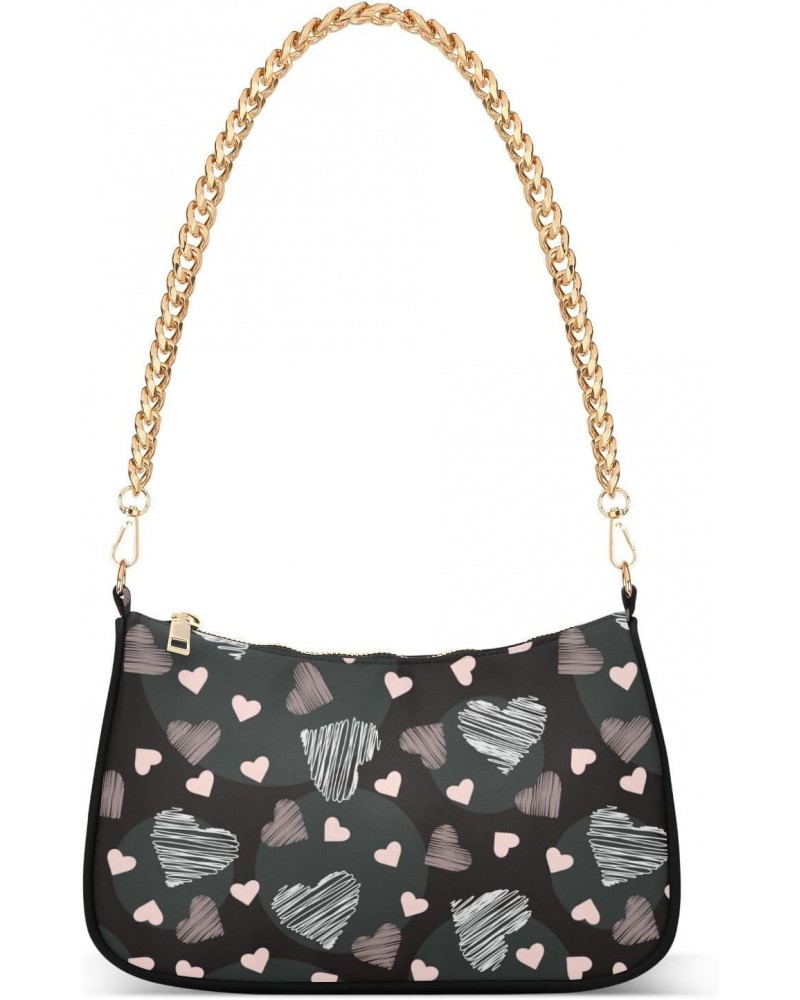 Women Chain Shoulder Purse Bag With Zipper Valentine's Day Heart Love Print, Black Personality Hobo Tote Clutch Handbags with...