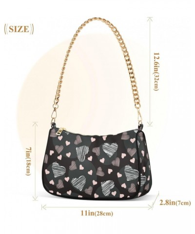 Women Chain Shoulder Purse Bag With Zipper Valentine's Day Heart Love Print, Black Personality Hobo Tote Clutch Handbags with...