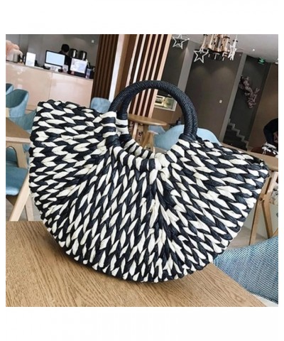 Women Handbag Rattan Wicker Straw Woven Half-round Bag Large Capacity Female Casual Travel Tote (Black white) Black White $29...