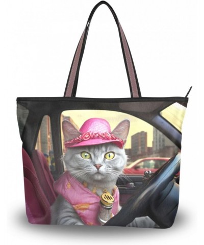 Pink Cat Driver Tote Bag for Women Casual Shoulder Bag Women Hobo Bag Top Handle Handbag for Shopping Travel Work $9.66 Totes