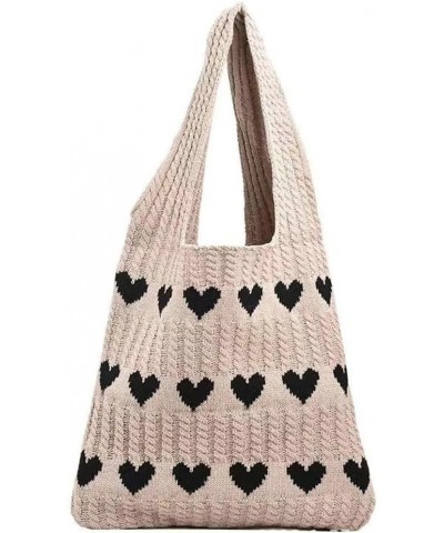 Knitted Tote Bag for Women Cute Love Heart Pattern Crochet Shoulder Bag Beach Purse Fashion Casual Hobo Handbag B Khaki $20.3...