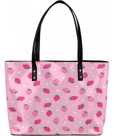 Strawberry Pink Patterns Tote Bag Women Shoulder Handbags PU Leather Everyday Bag with External Pocket Large Capacity Aesthet...