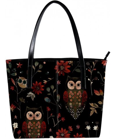 Tote Bags, Faux Leather Large Tote Bags for Women, Tote Bag with Zipper, Owl Fall Flower, Tote Bags for Women Pattern 7017 $2...