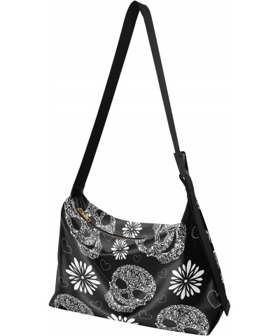 Floral Skulls Black Hobo Shoulder Bag for Women Men PU Leather Crossbody Bag Slouchy Tote Handbags for Traveling Shopping Wor...