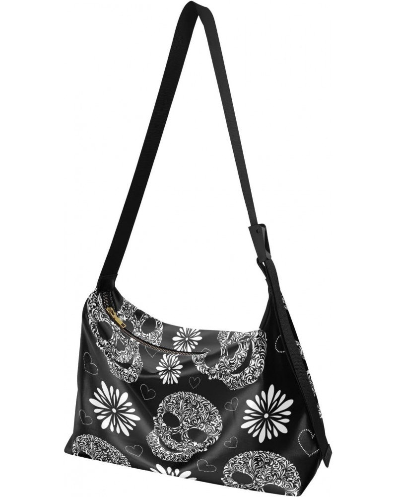 Floral Skulls Black Hobo Shoulder Bag for Women Men PU Leather Crossbody Bag Slouchy Tote Handbags for Traveling Shopping Wor...