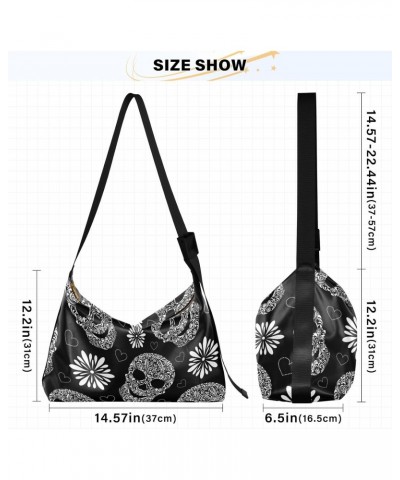 Floral Skulls Black Hobo Shoulder Bag for Women Men PU Leather Crossbody Bag Slouchy Tote Handbags for Traveling Shopping Wor...