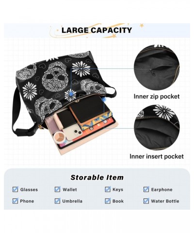 Floral Skulls Black Hobo Shoulder Bag for Women Men PU Leather Crossbody Bag Slouchy Tote Handbags for Traveling Shopping Wor...