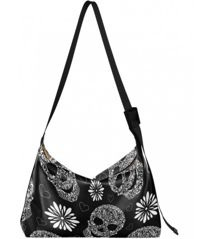 Floral Skulls Black Hobo Shoulder Bag for Women Men PU Leather Crossbody Bag Slouchy Tote Handbags for Traveling Shopping Wor...