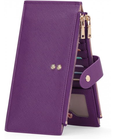 Slim Women's Leather Wallet RFID Blocking Bifold Card Holder with 2 ID Windows, Double Zipper Pockets A06-Purple $15.65 Wallets