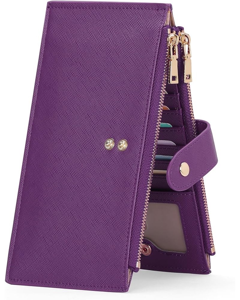 Slim Women's Leather Wallet RFID Blocking Bifold Card Holder with 2 ID Windows, Double Zipper Pockets A06-Purple $15.65 Wallets