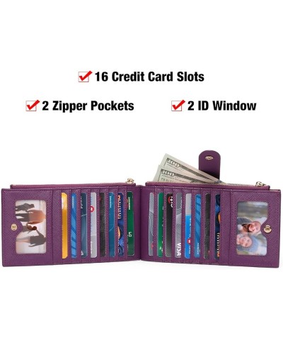 Slim Women's Leather Wallet RFID Blocking Bifold Card Holder with 2 ID Windows, Double Zipper Pockets A06-Purple $15.65 Wallets