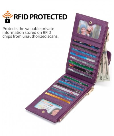 Slim Women's Leather Wallet RFID Blocking Bifold Card Holder with 2 ID Windows, Double Zipper Pockets A06-Purple $15.65 Wallets