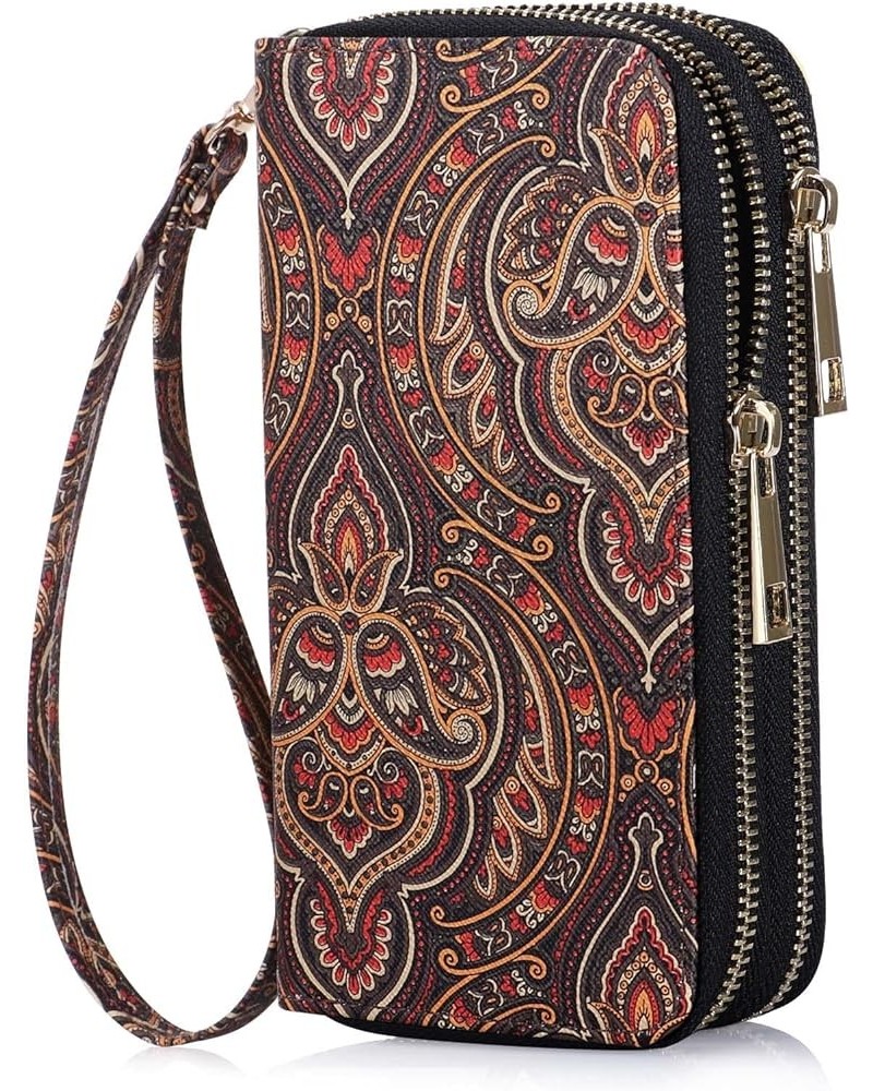 Cellphone Wallet for Women Dual Zipper Long Purse with Removable Wristlet Coffee Flower $14.39 Wristlets